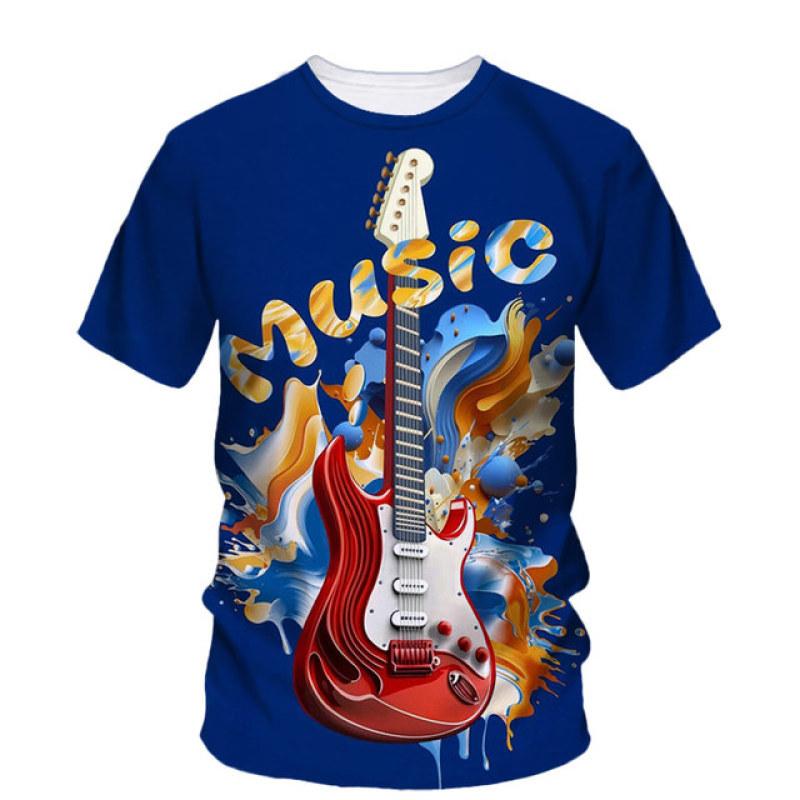 Bobby 2 Modetrend Rockmuziek Gitaar Jongen Modemerk Creatief 3D-bedrukt shirt met ronde hals Korte mouw T-shirt Plus-maatkleding S