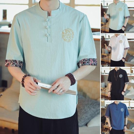 Kaileflf Mannen Top Stand Kraag Chinese Vintage Stijl Effen Kleur Gedrukt Geborduurd Losse Half Mouw Zacht Plus Size Heren Shirt M wit