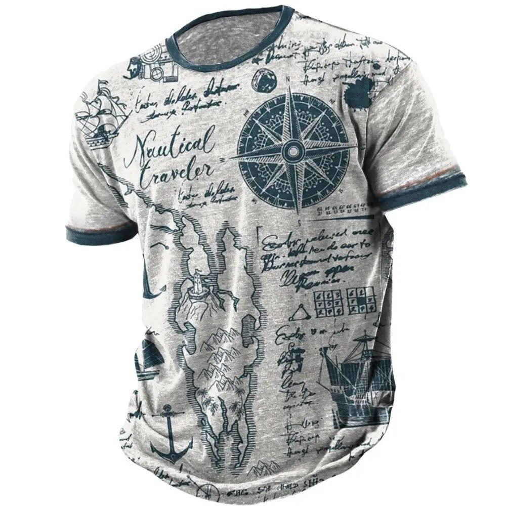 ETST 07 Vintage Heren Korte Mouw Kompas Print T-shirt Nautische Tops Zomer O-hals Sweatshirt Tees Designer Dagelijkse Herenkleding 3XL