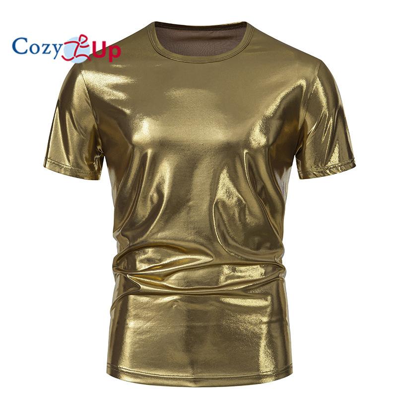 Cozy  Up Cosy Up Glanzend leren T-shirt voor heren, glanzend PVC-leer, korte mouw, glanzende latexjas voor mannen S zilver