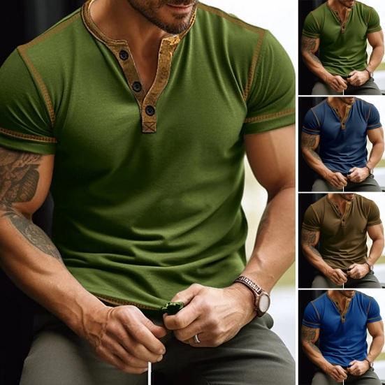 Songmeijuan Heren zomer T-shirt kleuraanpassing slim fit knop V-hals elastisch zacht ademend casual trui korte mouwen halflange dagelijkse top M donkerblauwe kleur