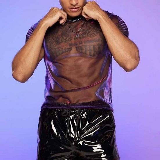 Songmeijuan Sexy See-through Mesh T-shirt Mannen Gouden Glitter O-hals Korte Mouw Tank Tops sneldrogende Bodybuilding Fitness Casual sport Tops 3XL paars