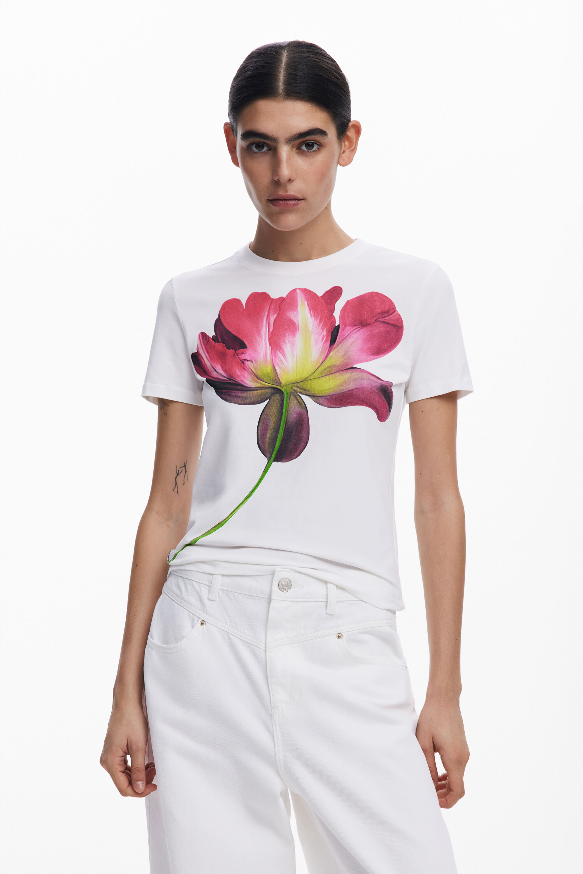 Desigual Groot bloemen T-shirt - WHITE