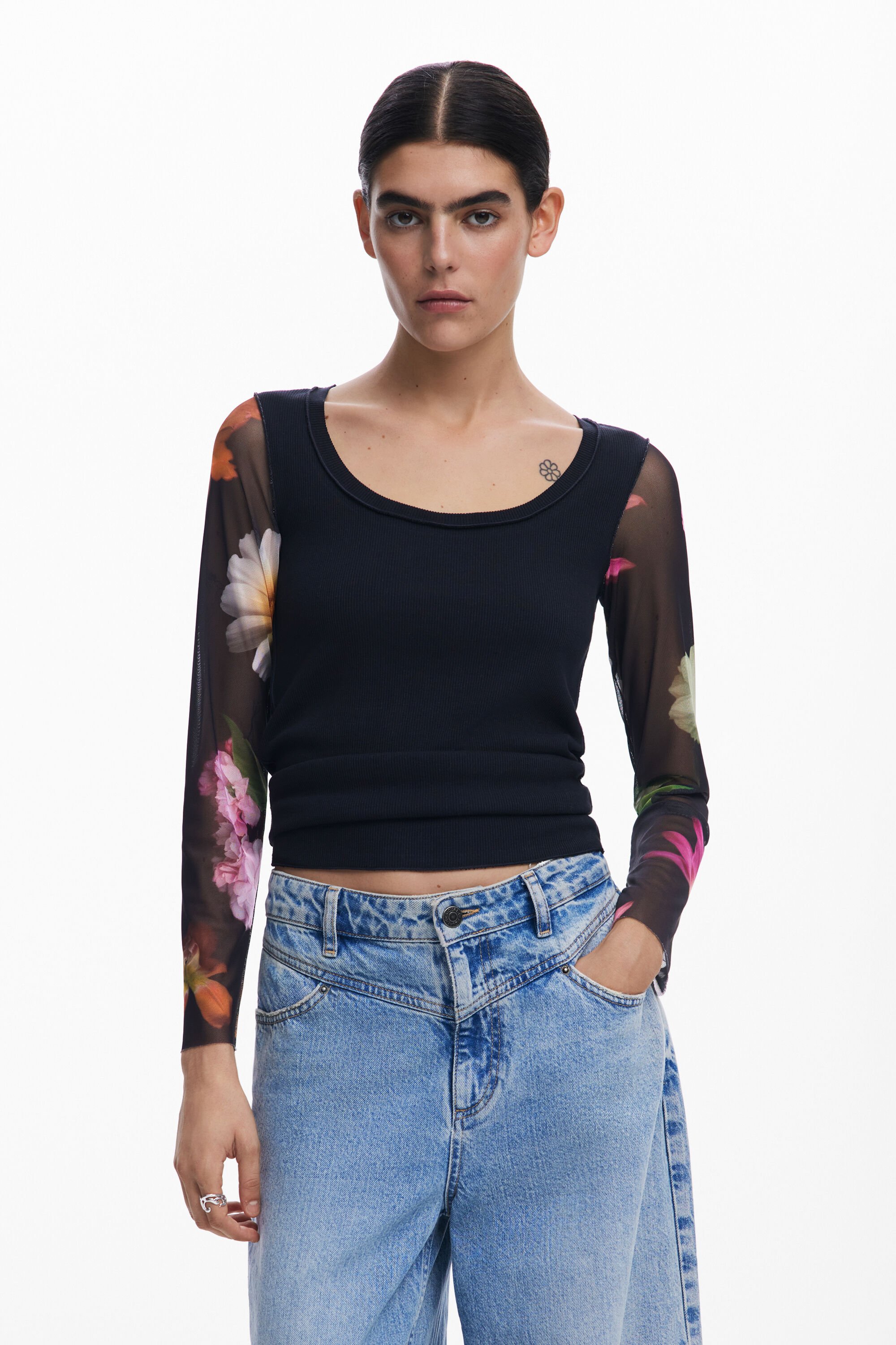 Desigual T-shirt met bedrukte mouwen - BLACK