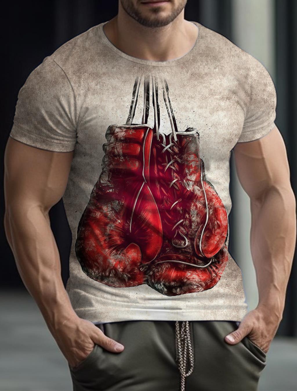 Laoxu Heren Gym T-shirt Bokshandschoen T-shirt 3D-print Zomer Boksen Sneldrogend Ronde hals Korte mouw Strakke tops Heren Casual kleding S wit