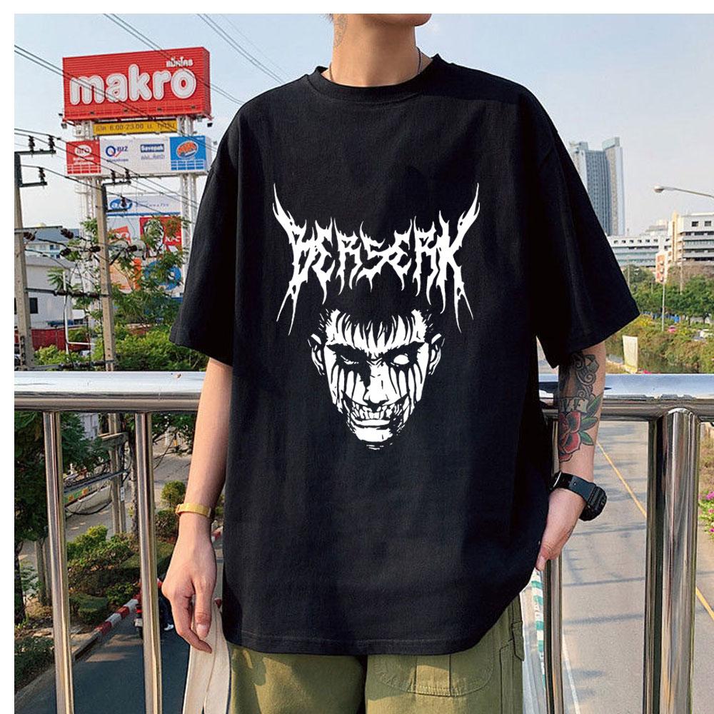 Limindong Mannen Dark Berserk Manga met korte mouwen, ademend, oversized patroon, katoen, casual cartoon T-shirt, mannelijk XS zwart