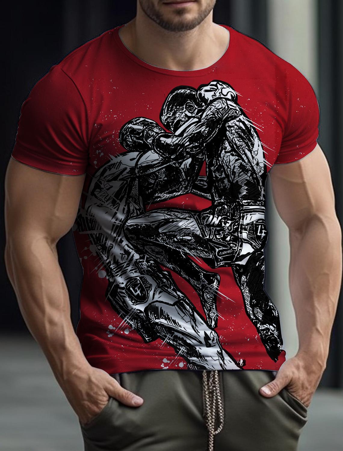 Subilier Heren Gym T-shirt Bokshandschoen T-shirt 3D-print Zomer Boksen Sneldrogend Ronde hals Korte mouw Strakke tops Heren Casual kleding XS wit