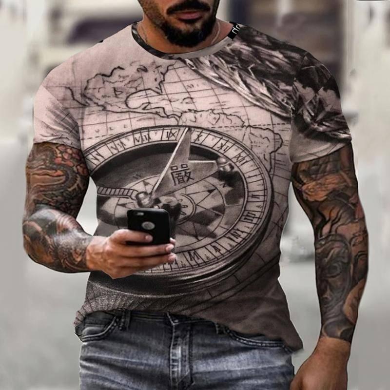 Subilier Zomer Vintage Kompas T-shirt Mannen 3D Afdrukken T-shirt Mode Straat Harajuku T-shirt Korte Mouw Oversized Top Herenkleding XXS