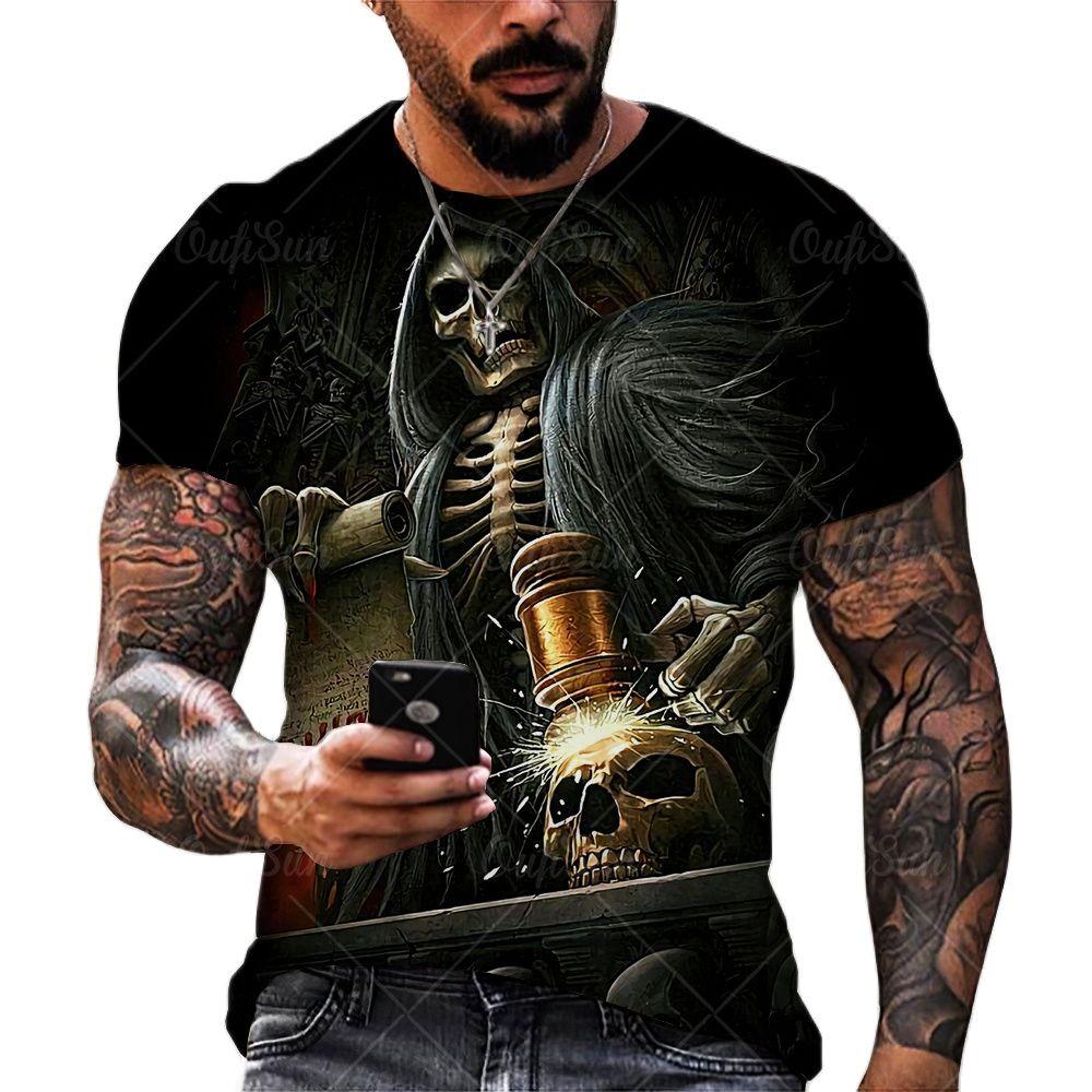 Subilier Zomer Mannen T-shirt Horror Schedel Hoofd Print 3d T-shirts Mode Streetwear Korte Mouwen O-hals Tees Tops Oversized man Kleding S