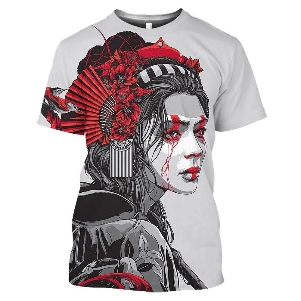 Subilier Japan Geisha Mannen T-shirt 3D Gedrukt Anime Korte Mouw O-hals Oversized Harajuku Streetwear Herenkleding Tops S