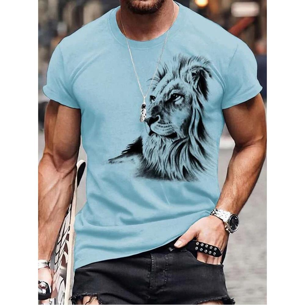 Subilier Vintage Heren T-shirt Animal Tees 3D Afdrukken Leeuw Patroon Korte Mouw Tops Zomer Ademend Fitness Shirts Voor Herenkleding XS