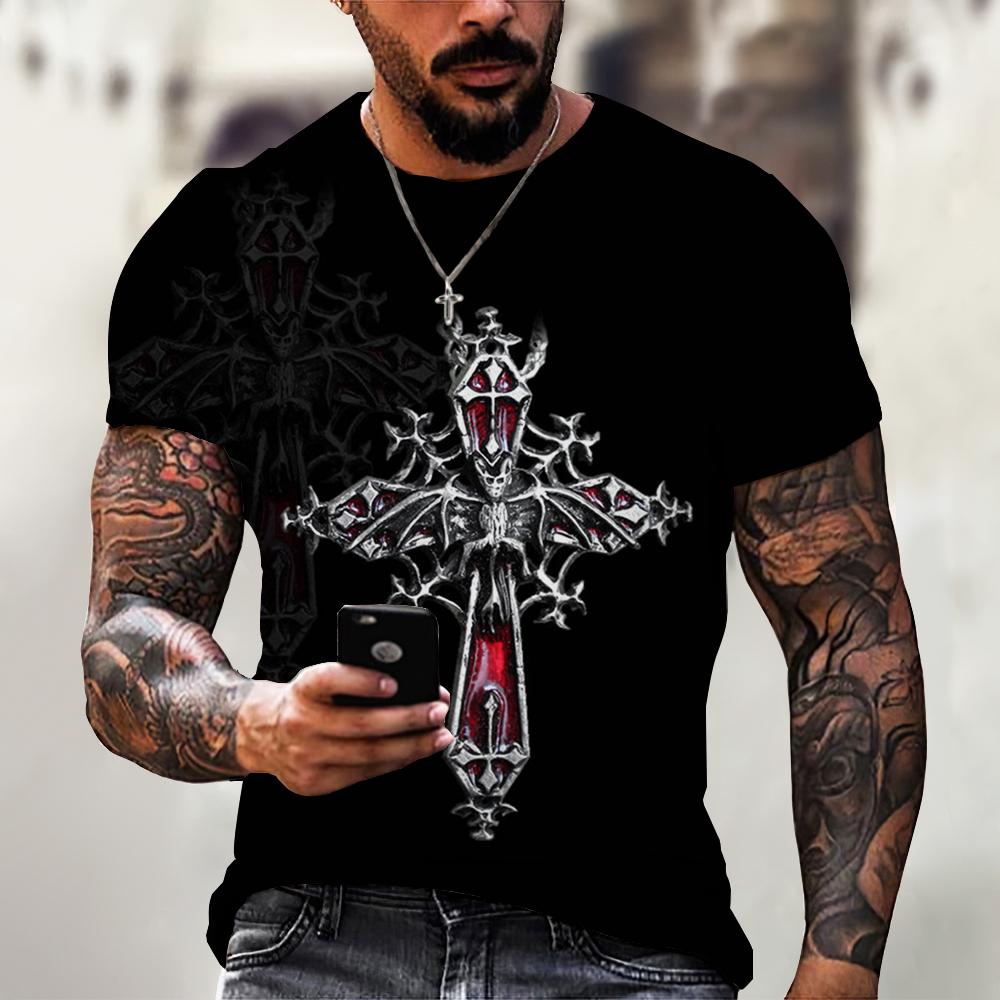 Subilier Vintage Print Zomer Heren T-shirts Cross Grafische 3D Tops Korte O-hals Tee Mannelijke Oversized T-shirt Trui Hoge Kwaliteit Kleding XS