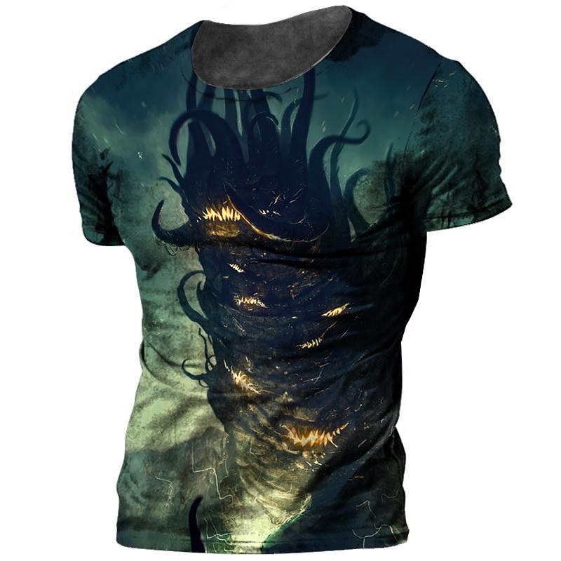 Subilier Chic Heren T-shirt Cthulhu Myth 3D Printing Terror Monster Oversized O-hals Top Zomer Mode Informeel Dagelijks Ademend Doek S