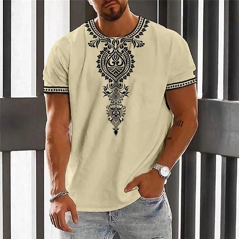 Subilier Zomer Vintage Etnisch T-shirt 3D Bedrukt O-hals Heren Top Groot T-shirt met korte mouwen Losse Street Wear S