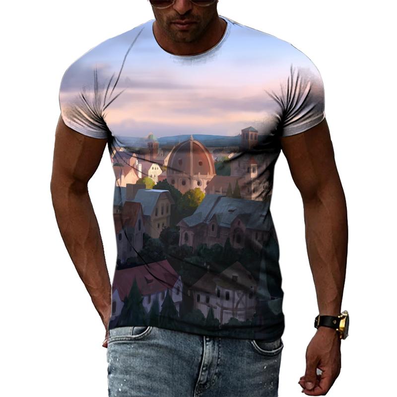 Subilier Interessante Creatieve Kasteel Landschap Tekening Mannen T-shirts 3D Fashion Casual Persoonlijkheid Hip Hop Harajuku Print Korte Mouw Tee S