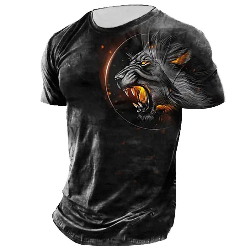 Subilier Vintage T-shirt Mannelijke Zomer Korte 3D Leeuw Print Tops 2022 Mannen Oversized Kleding O-hals Grafische T-shirts De Jongens Tee streetwear S