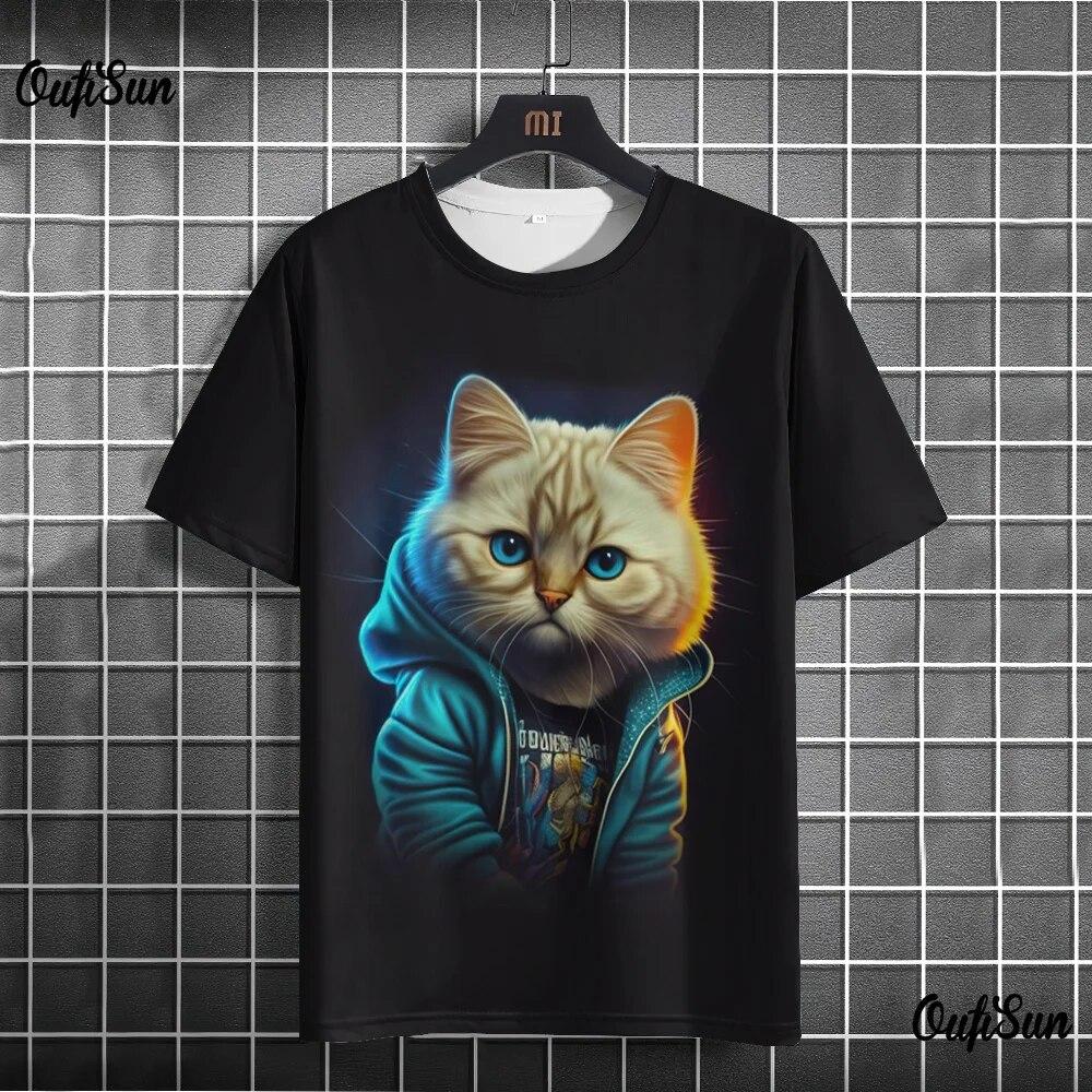 Subilier Mannen T-shirt Cartoon 3d Kat Print Animal Tees Korte Mouw O-hals Trui Mode Streetwear Oversized Kleding Mannelijke T-shirts XS