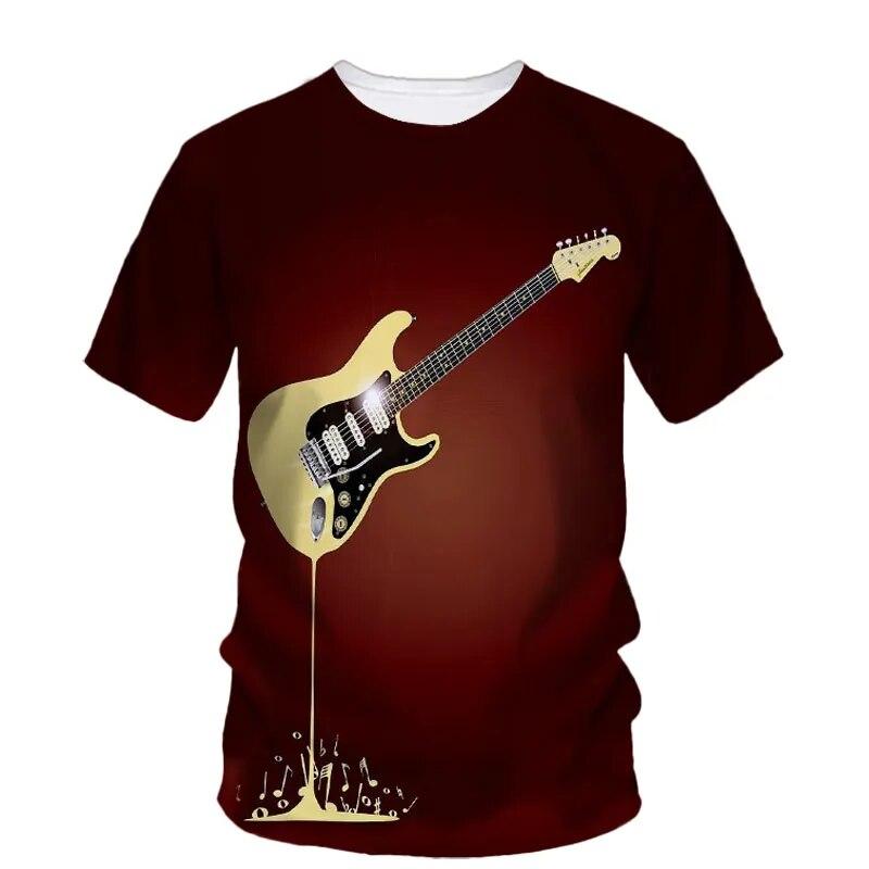 Subilier Modetrend Rockmuziek Gitaar Jongen Modemerk Creatief 3D-bedrukt shirt met ronde hals Korte mouw T-shirt Plus-maatkleding S