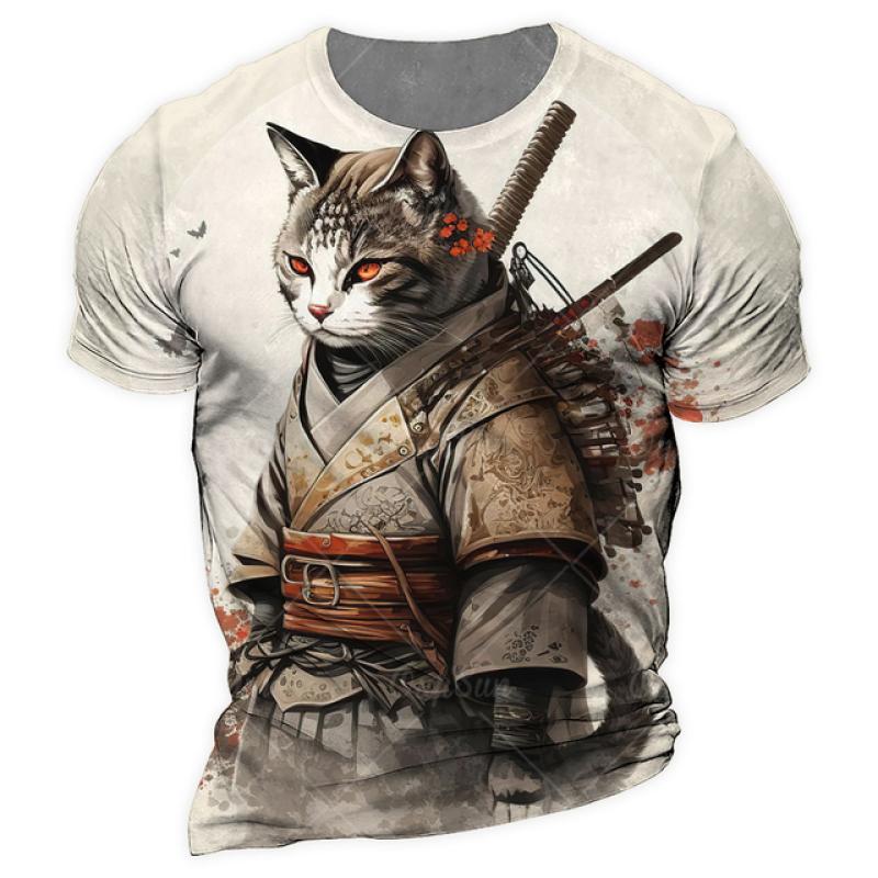 Subilier Samurai Kat O-hals Heren Shirts Zomer Mannelijke 3d Print Korte Mouw T-shirts Oversized Man Casual Top Tees Dagelijks dierenkleding S