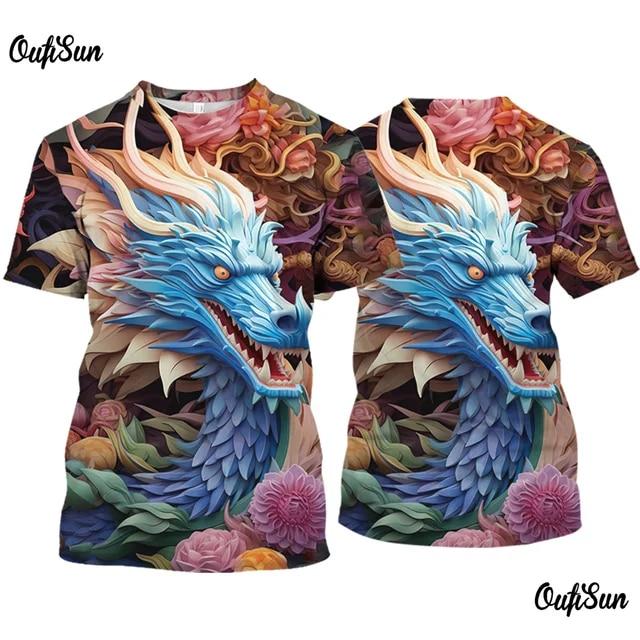 Subilier 2024 In Mannen T-shirt 3d Draak Afdrukken Zomer Korte Mouw Tees Casual O-hals Trui Oversized Kleding Outdoor T-shirt S