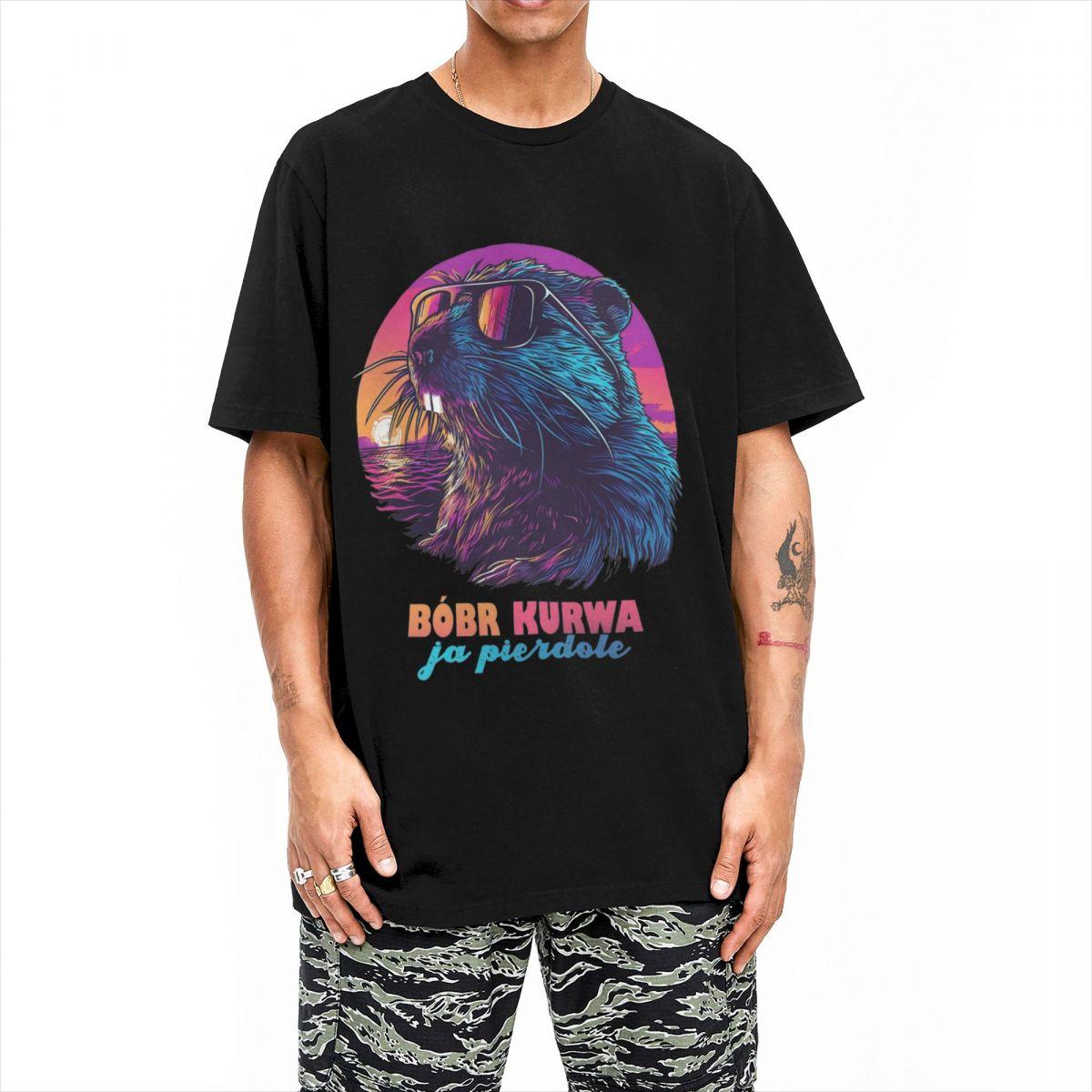 FT T Shirts Paar T-shirts Synthwave Polish Bever Meme Bobr Bober Kurwa T-shirts Nieuwigheid Zomer Tee Shirt Streetwear Design Katoenen Tops S zwart