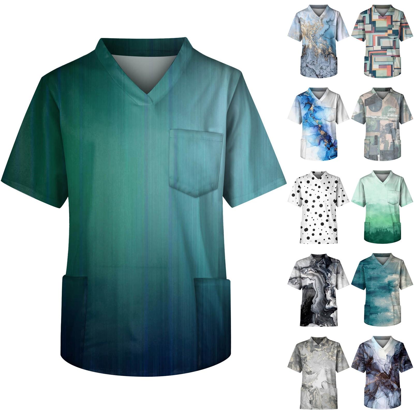 Niubiplus Plus SizePrinted Scrub Werken Uniform Tops Voor Mannen Cross V-hals Korte Mouw Leuke T-shirts Werkkleding Tee Met Zakken L blauw