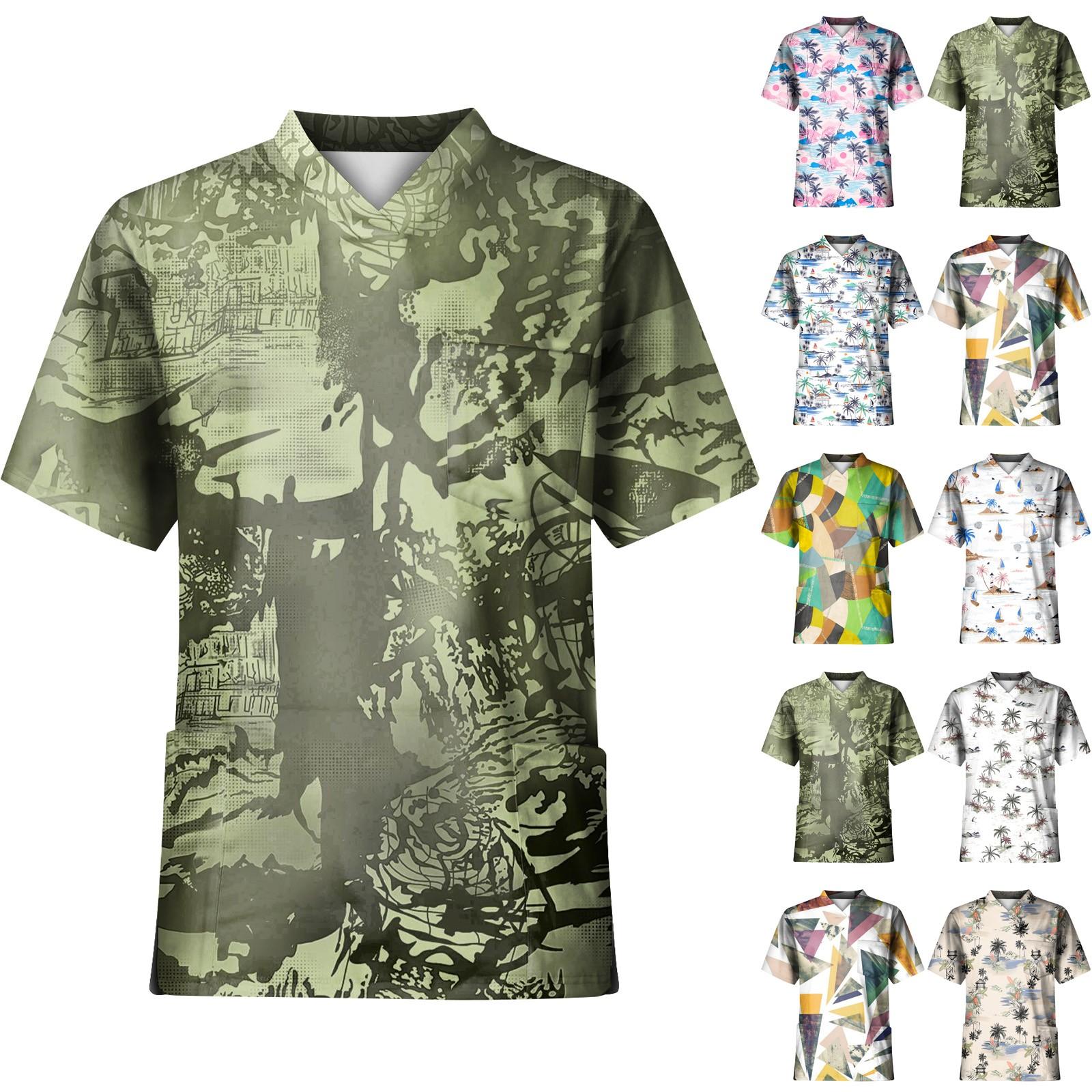 Timoduizhang Plus SizePrinted Scrub Werken Uniform Tops Voor Mannen Cross V-hals Korte Mouw Leuke T-shirts Werkkleding Tee Met Zakken L