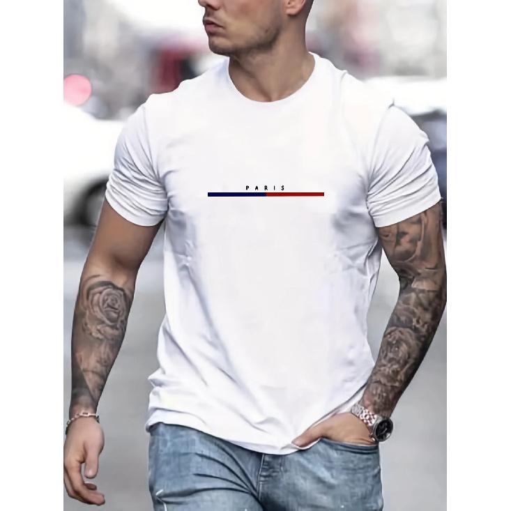 Mingxin clothing Heren katoenen Parijs print T-shirt Top Man O-hals Korte Mouw Losse Casual T-shirt S wit