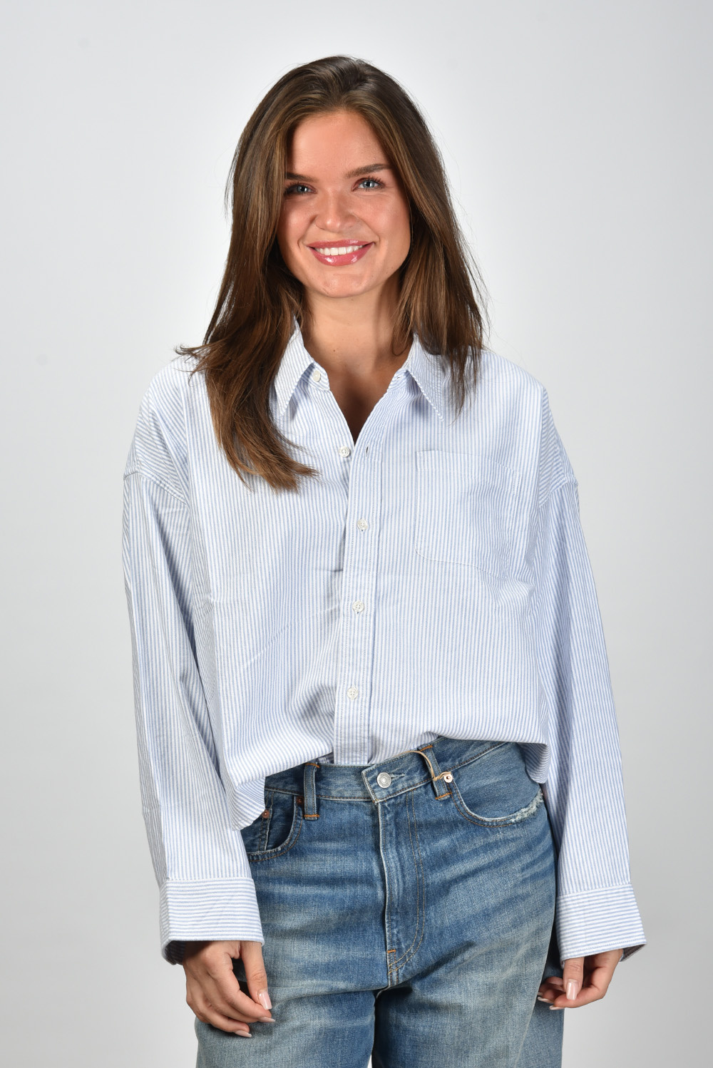 Denimist gestreepte blouse cropped button front blauw