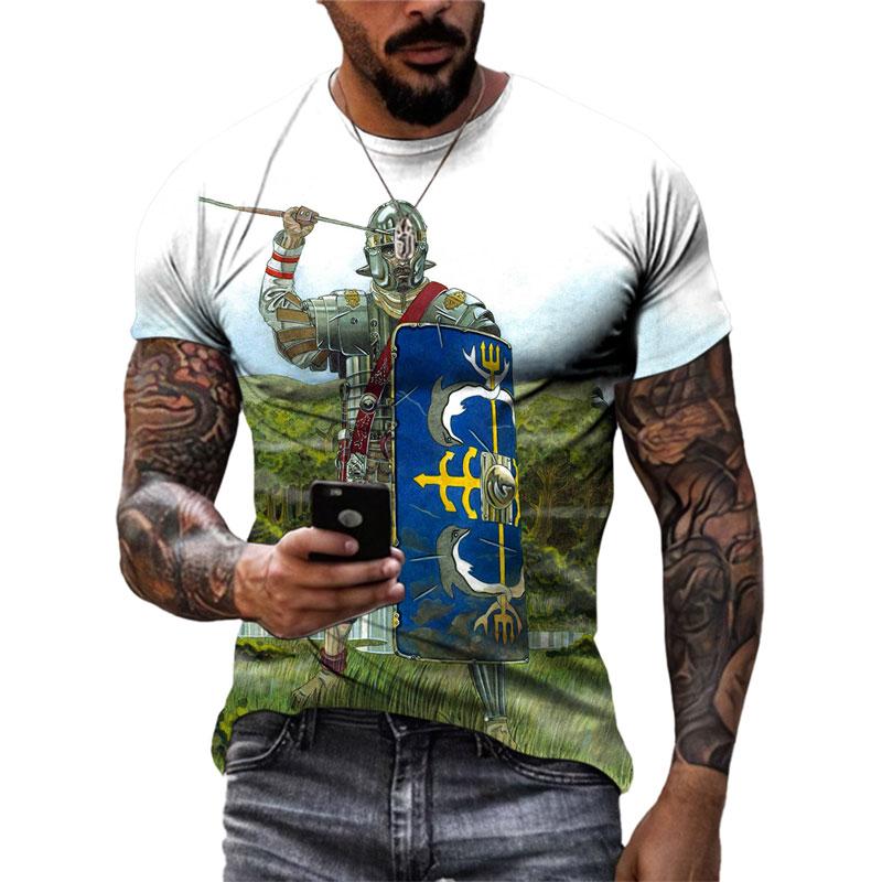 ETST 007 Zomer Heren Romeinse Gladiator grafische t-shirts Mode Casual 3D Geprint Soldaten Patroon Ronde Hals Korte Mouw T-shirts Tops S