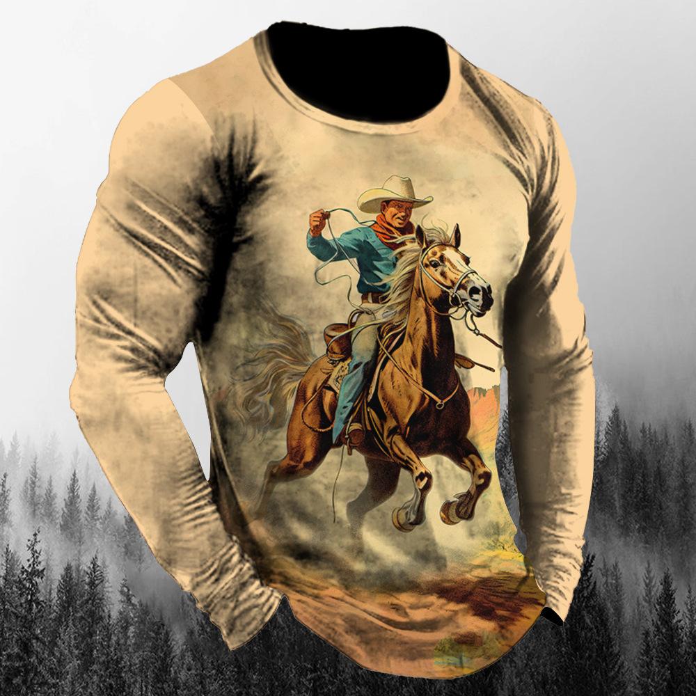 ETST 007 Vintage Westside Cowboy Print Herfst mannen O-hals T-shirt Casual Lange Mouwen Oversized T-shirts Mode Tops Trend Mannen Kleding S