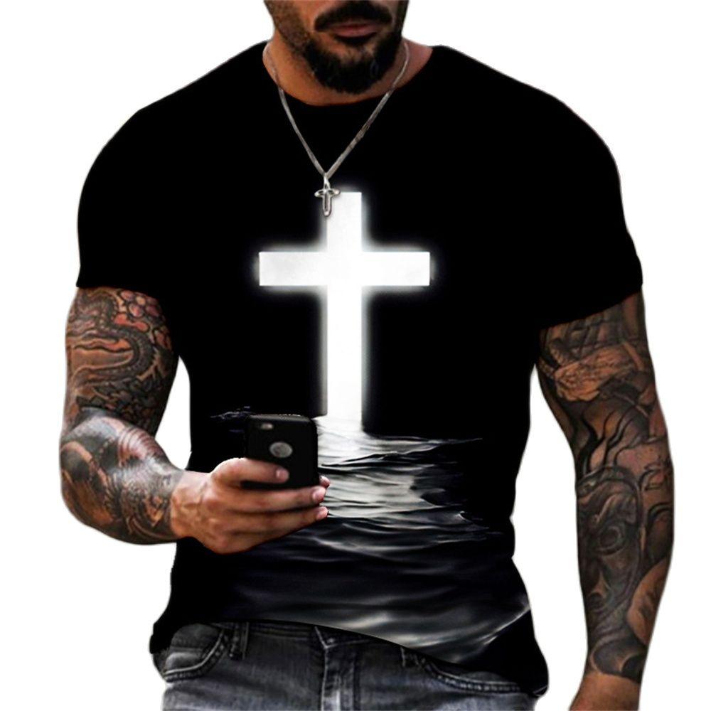 ETST 009 Vintage Jezus Christus T-shirt Voor Mannen 3d God Religie Print Kruisbeeld Heren T-shirt Oversized Korte Mouw Jezus top Tee Shirt Mannen S