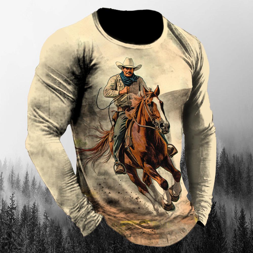 ETST WENDY 05 Vintage Westside Cowboy Print Herfst mannen O-hals T-shirt Casual Lange Mouwen Oversized T-shirts Mode Tops Trend Mannen Kleding S