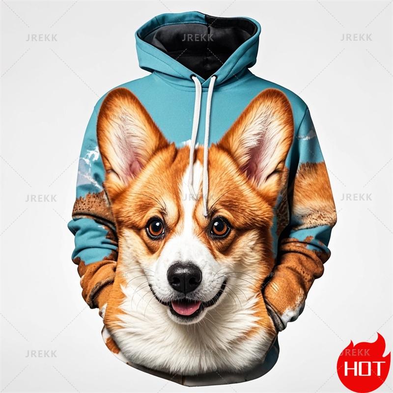 ETST0011 Vintage 3D schattige dieren Welsh Corgi print Nieuw binnen Hoodies & Sweatshirts Mode Corgi liefhebbers Streetwear Hooded Hoody Herenkleding S