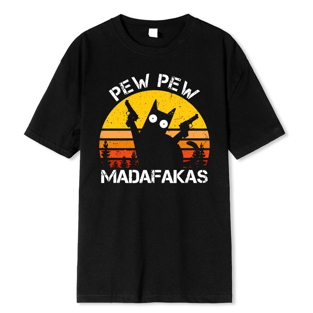 WowClassic Pew Pew Madafakas Kat Met Twee Pistolen Afdrukken Heren T-shirts Zomer Katoenen T-shirts Ademende Losse Kleding Hip Hop Straat T-shirts S wit