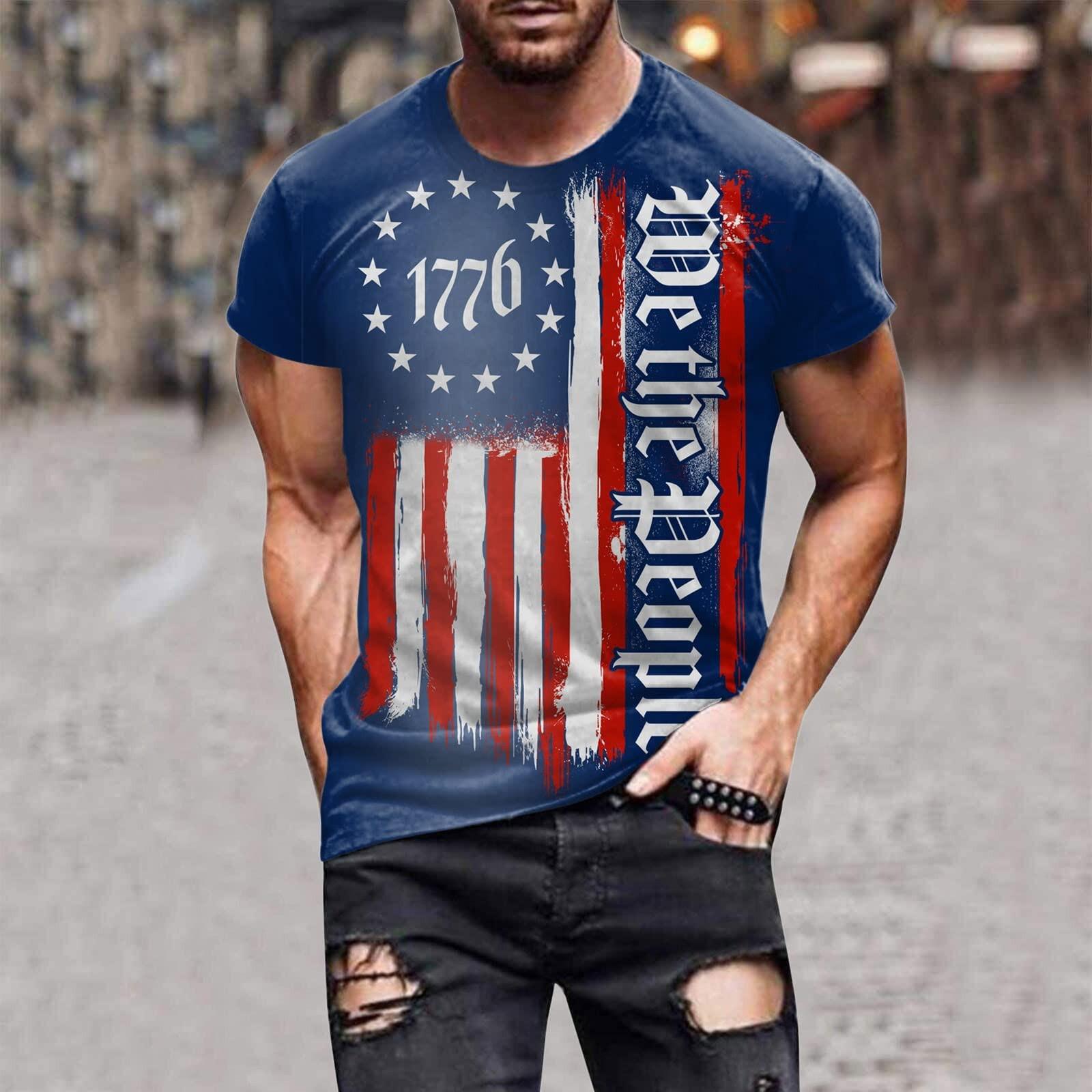 WowClassic (Qunide) Onafhankelijkheidsdag heren T-shirts, heren Amerikaanse vlag grafische T-shirts Amerikaanse patriottische vintage T-shirt met korte mouwen L blauw