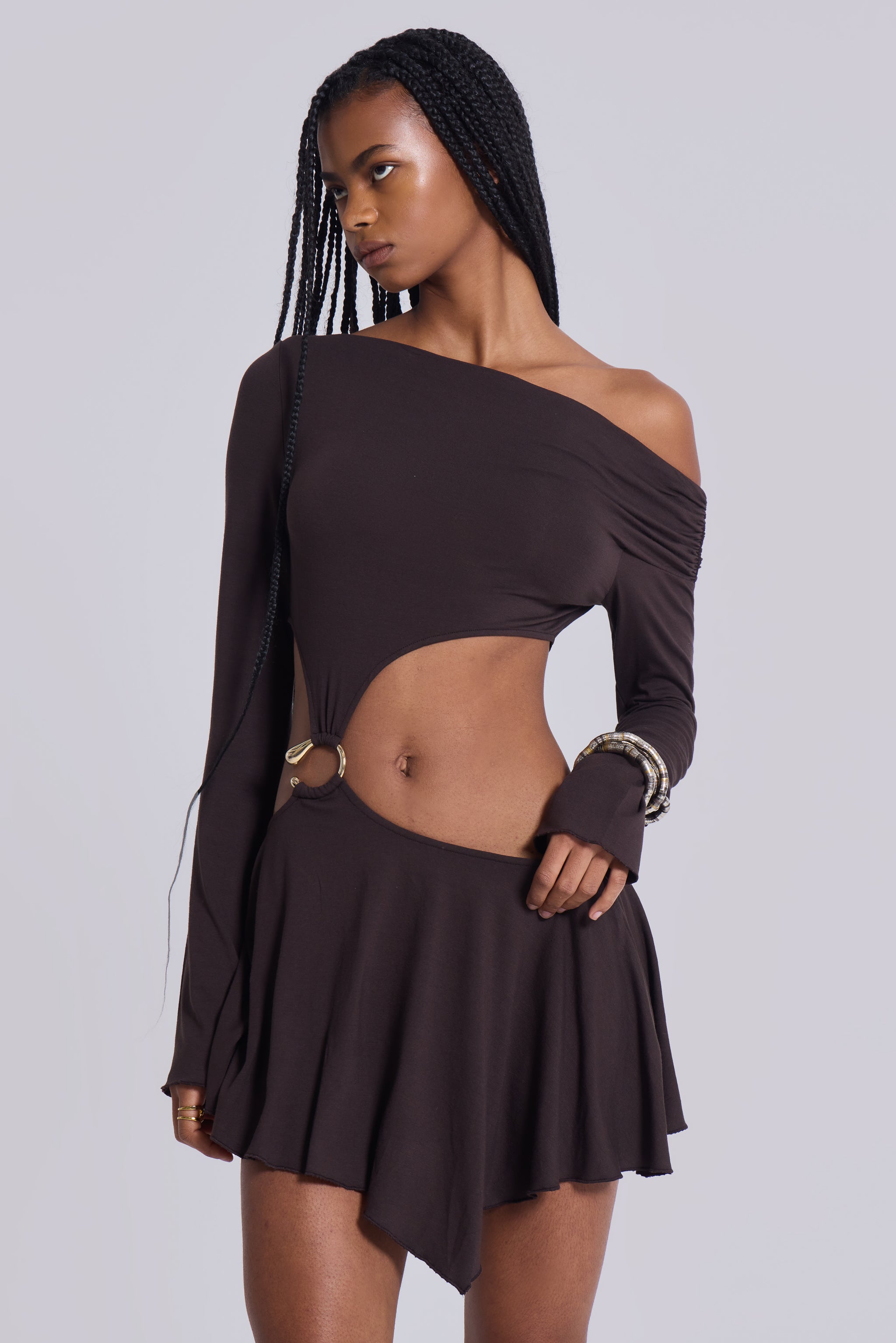 Jaded London Dera Asymmetric Cut Out Mini Dress in Brown