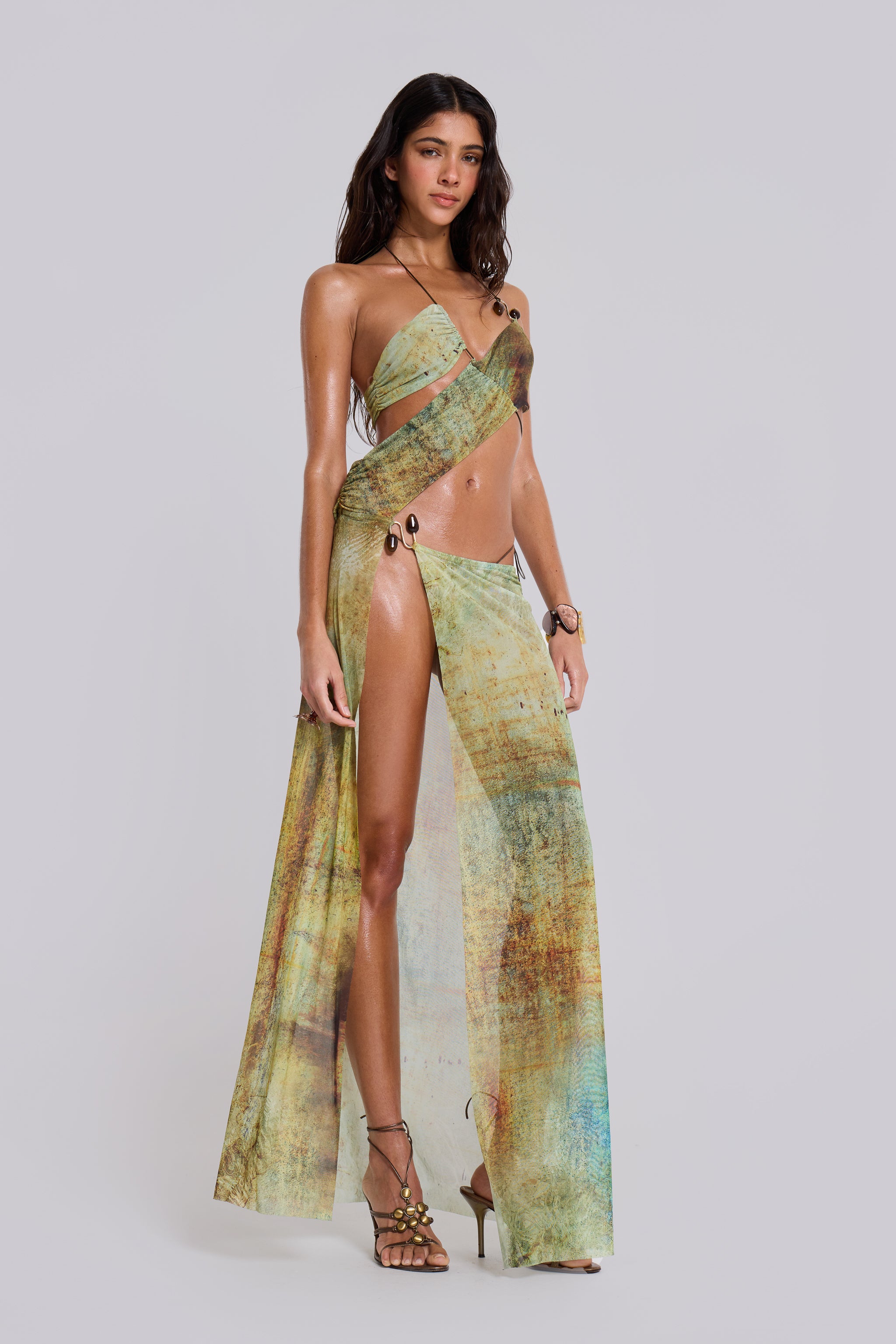 Jaded London Cantha Asymmetric Cut Out Maxi Dress in Lagoon