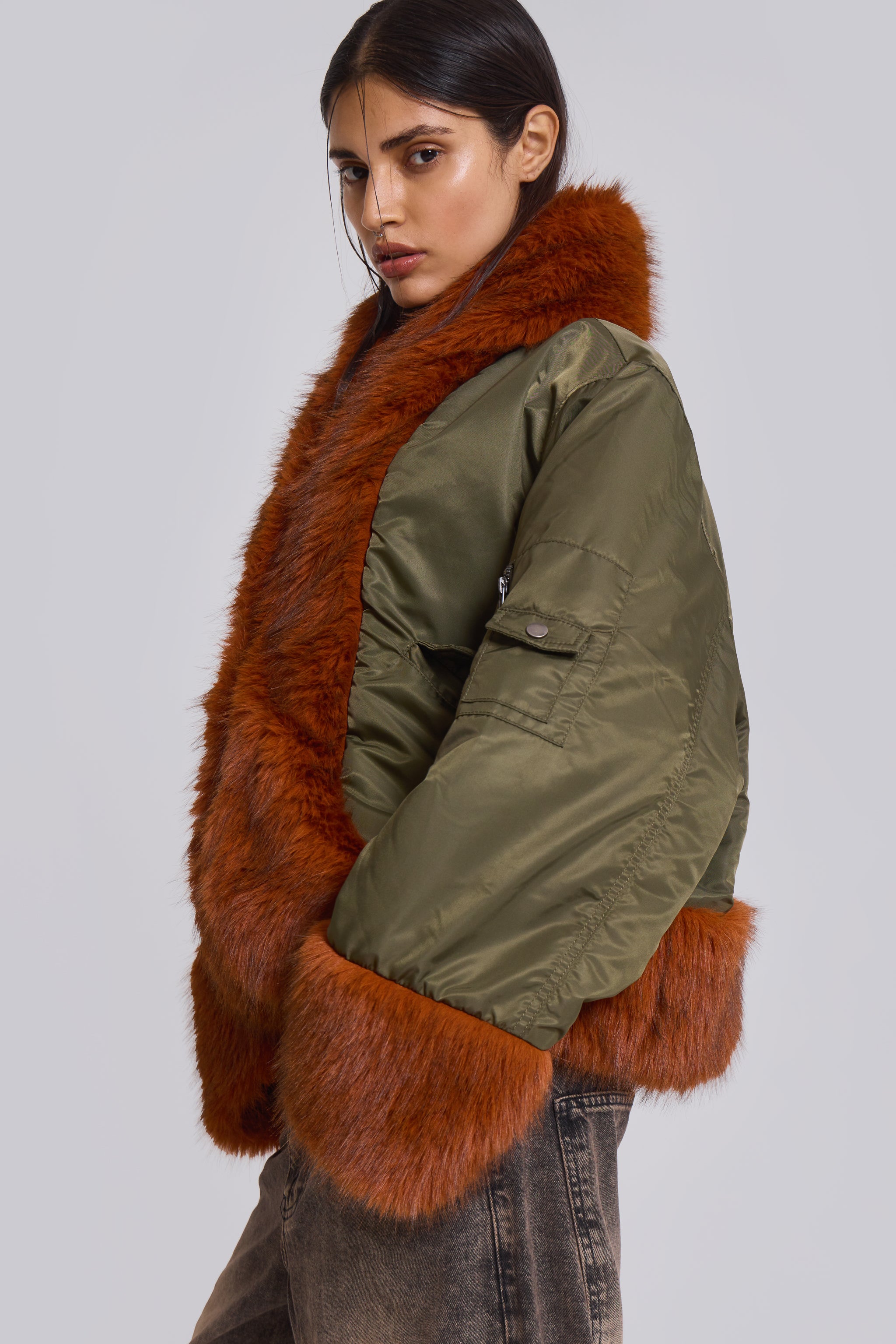 Jaded London Evren Faux Fur Bomber Jacket in Khaki