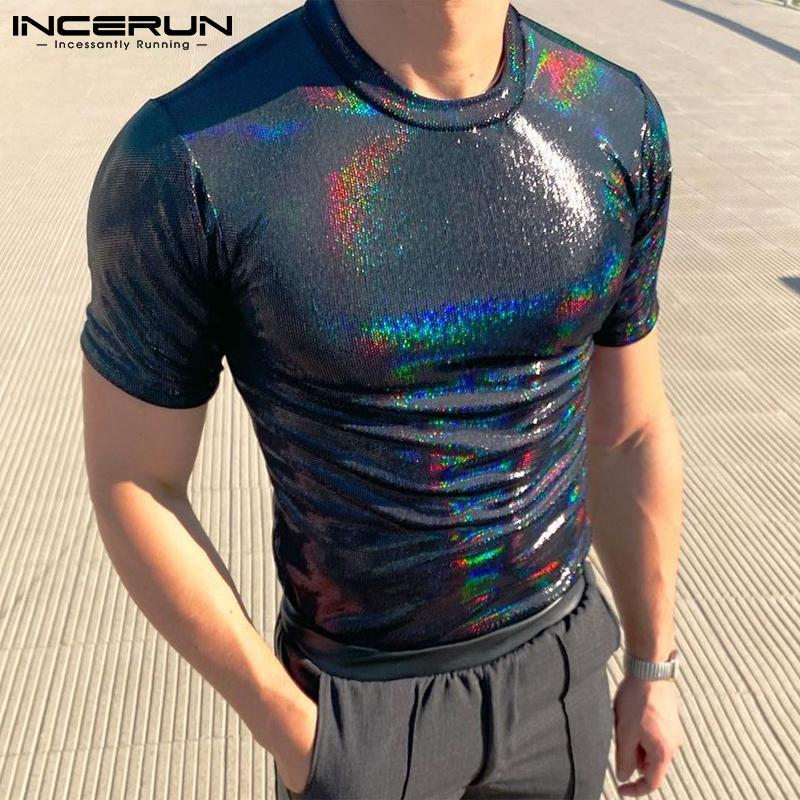 INCERUN S-5XL Herenmode Korte Mouw Ronde Hals Tweekleurige T-shirts Lederen Zomerfeest Slim Casual Tops XL zwart