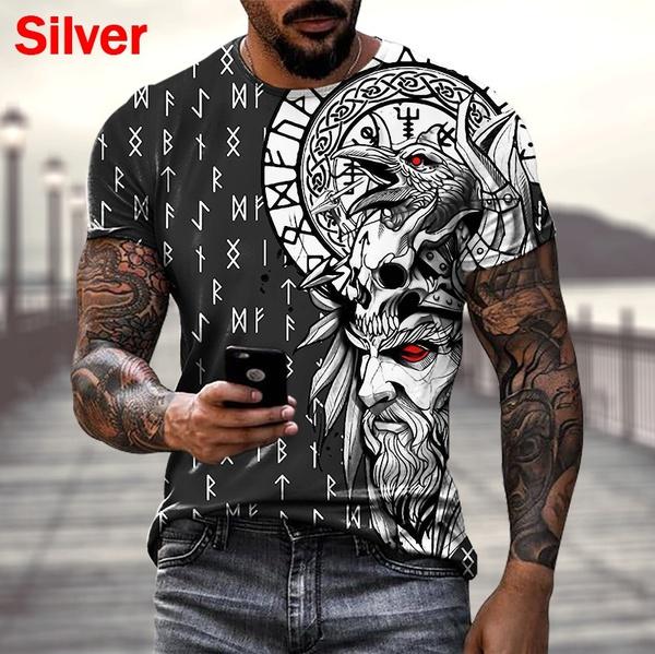 Dundundun 2022 Fashion Men Viking Tattoo Art 3d T-shirt met korte mouw XXS wit