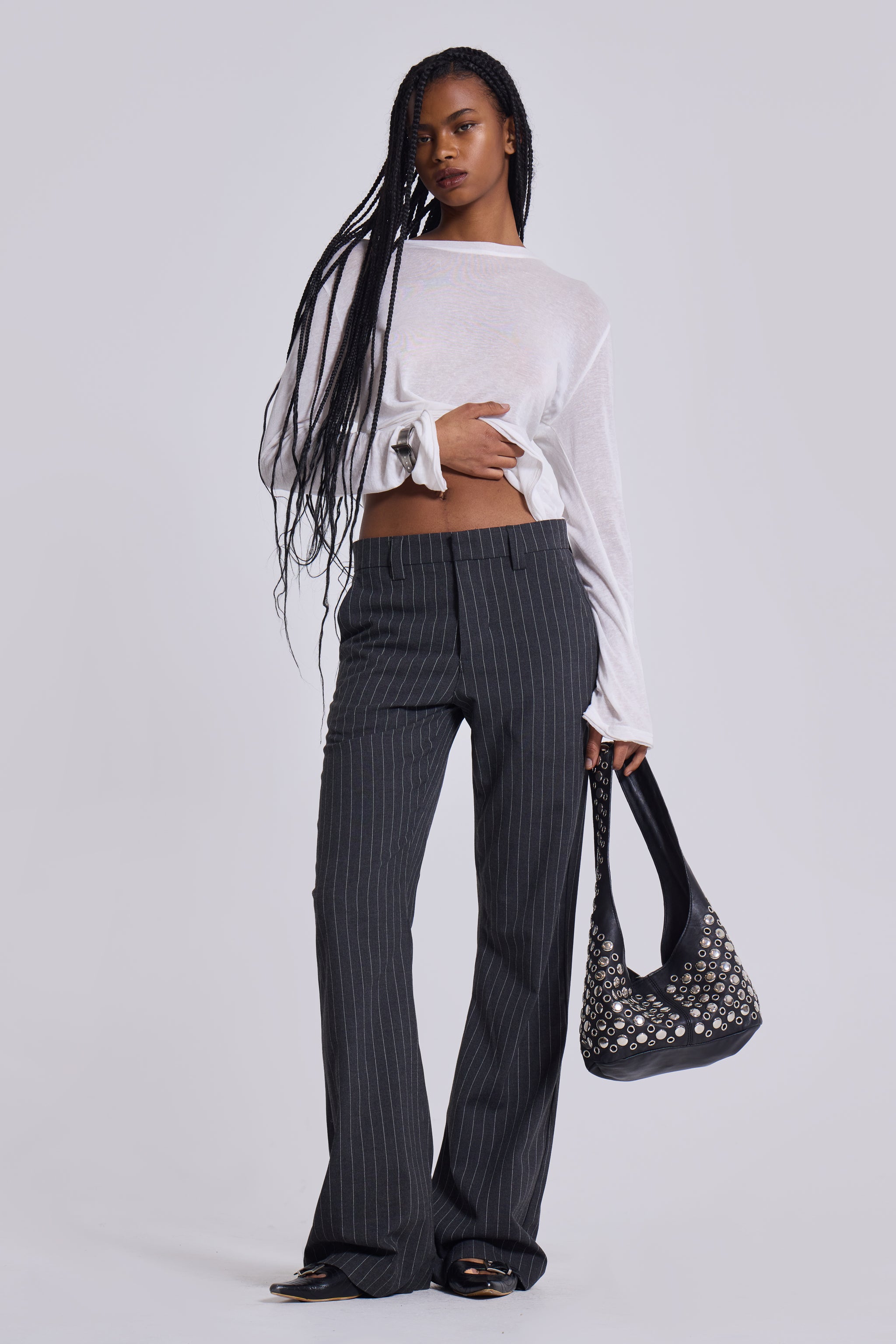 Jaded London Grey Pinstripe Stacked Bootcut Suit Pants