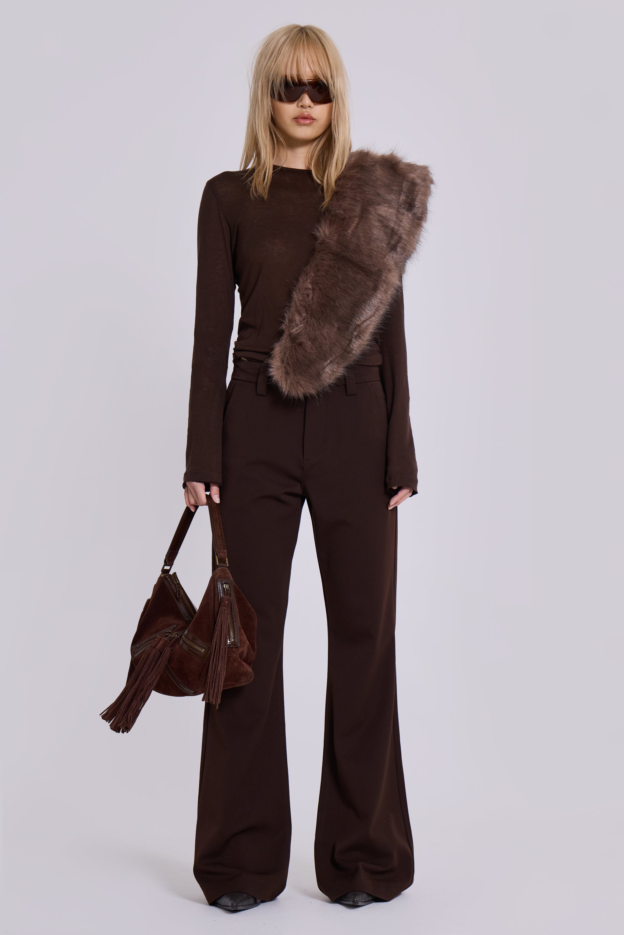 Jaded London Brown Stacked Bootcut Suit Pants