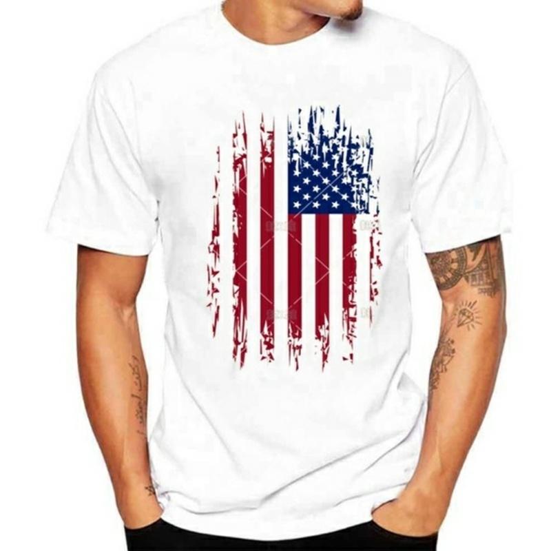 Bababuy club Herenmode Amerikaanse vlag bedrukte casual T-shirts met korte mouw 100% katoen S wit