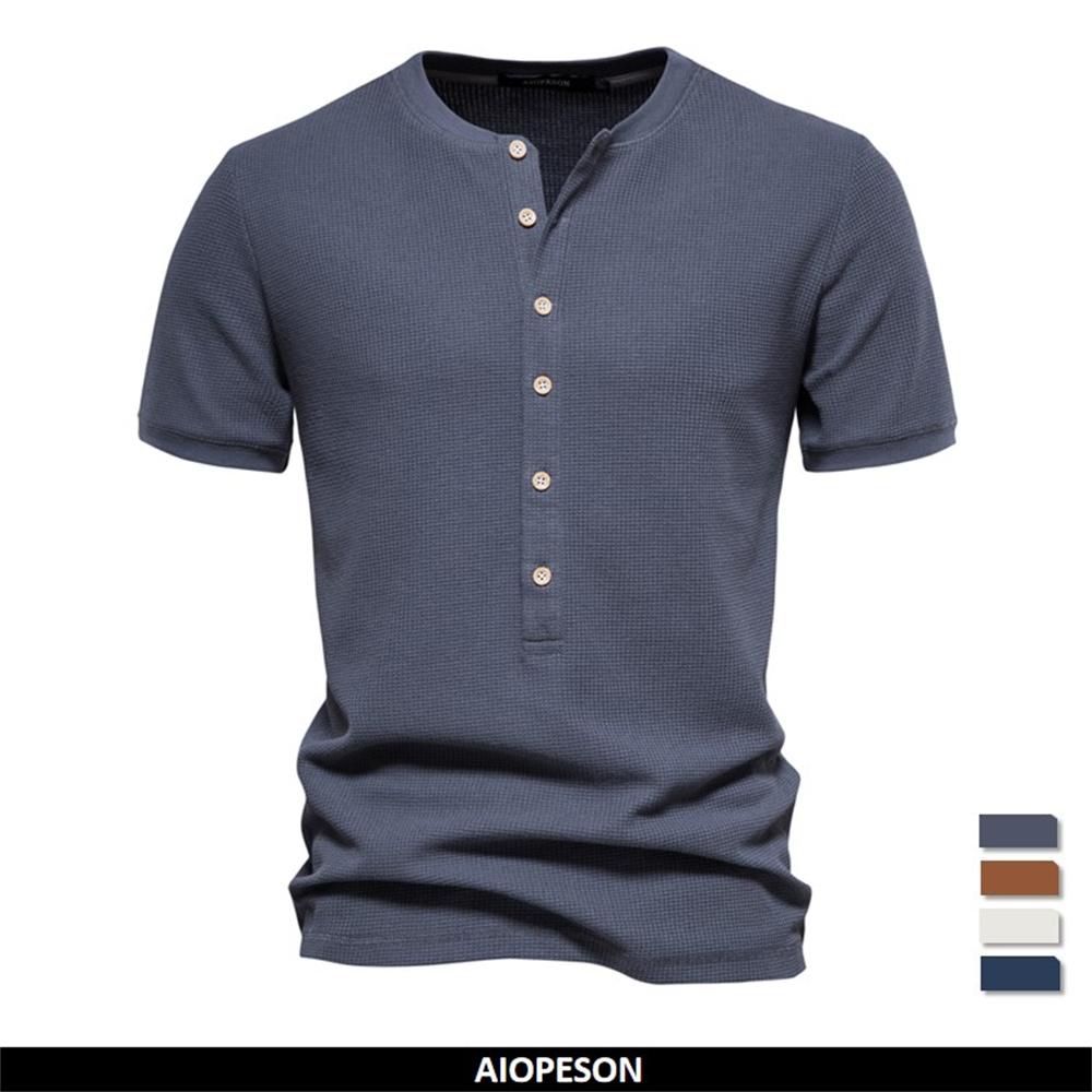 AIOPESON Men Fashion AIOPESON Katoenen effen kleur heren T-shirt Casual korte mouw wafel Henley T-shirt voor heren Nieuwe zomer Designer Tops Tee Mannelijk Size S 60-70kg legering oranje kleur