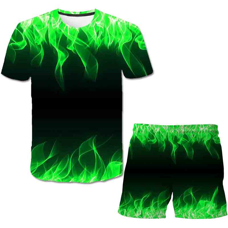 Wengy 2 zomer whirlpool De groene vlam 3D Print Heren Dames Shorts + T-shirt Pak sets heren dameskleding zwemshorts mannelijk XXL