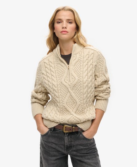 Superdry Vrouwen Gebreide Aran-kabeltrui met Halve Rits Crème