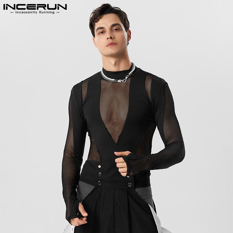 INCERUN Spring Men Splicing Mesh Hollow Out Slim Party Tops Jumpsuits S zwart