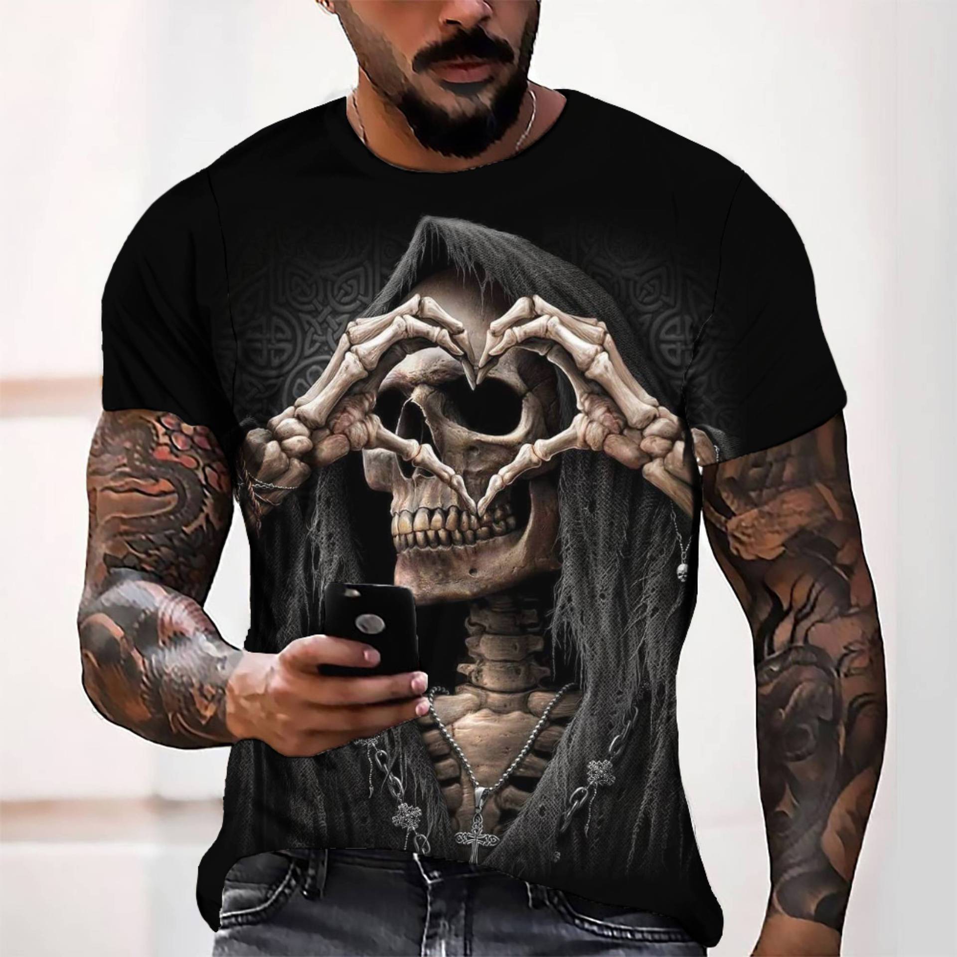 Kukebang Print T-shirt schedel voor heren Mode 3D Oversized T-shirt met korte mouwen Vrije tijd O-hals Tee Streetwear S