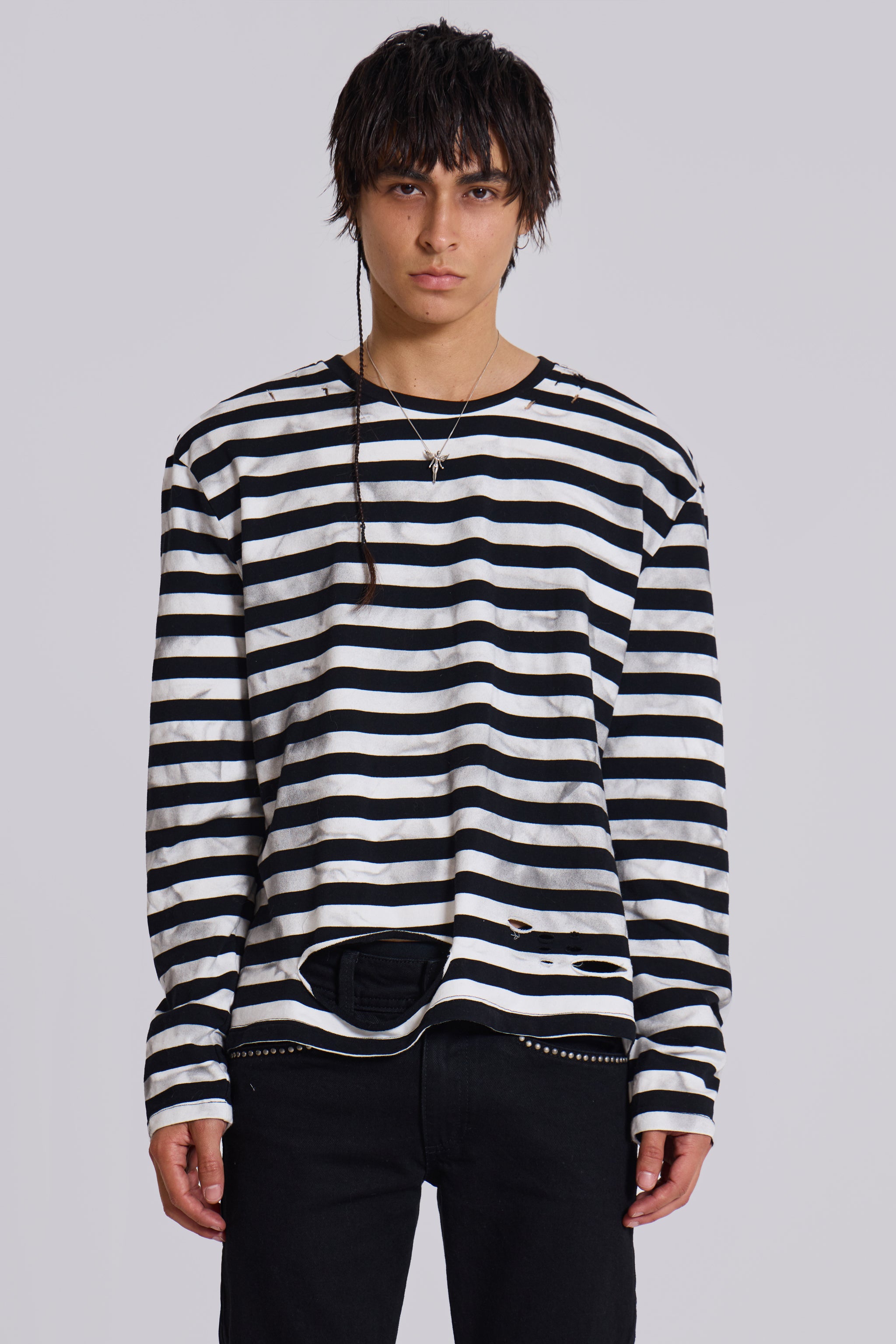 Jaded Man Dirty Striped Oversized Long Sleeve Tee